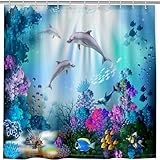 ANHOPE Ozean Tropisch Fische Delphin Duschvorhang Anti-schimmel Wasserdicht Waschbar Duschvorhänge 180 x 180 cm Shower Curtains Polyester Stoff Bad Vorhang für Badzimmer mit 12 Haken