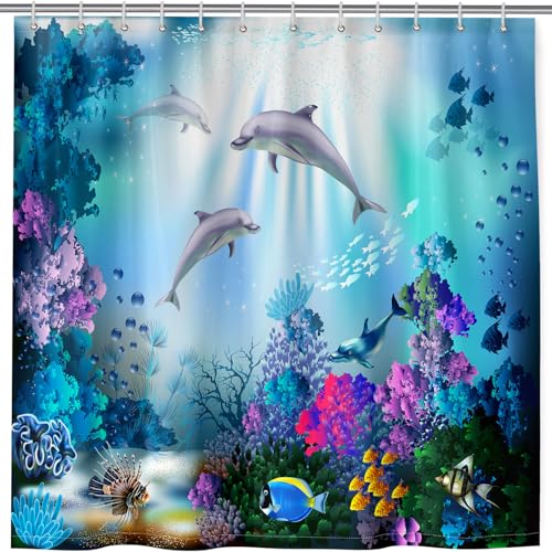 ANHOPE Ozean Tropisch Fische Delphin Duschvorhang Anti-schimmel Wasserdicht Waschbar Duschvorhänge 180 x 180 cm Shower Curtains Polyester Stoff Bad Vorhang für Badzimmer mit 12 Haken