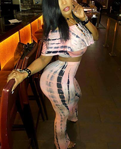 Lkous Women’s 2 Piece Outfit Colorful Tie Dye Bodycon Off Shoulder Crop Tops Skinny Long Pants Tracksuit Set Plus Size #TOP2