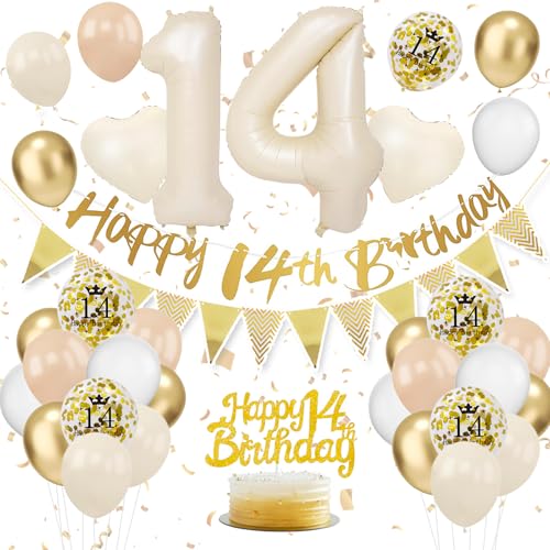 14th Birthday Decorations Sand White Gold 14th Birthday Decorations for Girls 14th Birthday Balloons with Happy 14th Birthday Banner Cake Toppers Number 14 Balloons for Girls Birthday Decorations