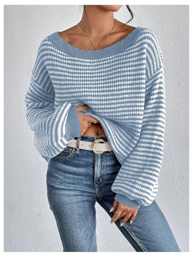 Image of SOLY HUX Women's Off The Shoulder Striped Sweaters Oversized Long Sleeve Knit Pullover Tops