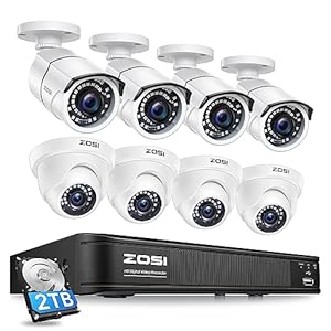 ZOSI 5MP Lite H.265+ Home Security Camera System, 8 Channel CCTV DVR Recorder with Hard Drive 2TB and 8 x 1080P(2.0MP) Surveillance Bullet Dome Camera Outdoor Indoor