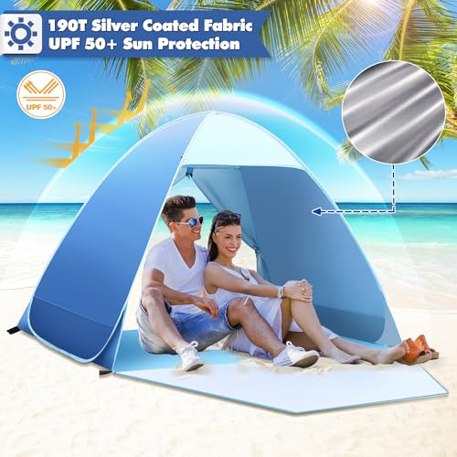 HAOYAO Pop up Strandmuschel, 2-3 Personen Familie Zelt UV Schutz UPF 50+ Strandzelt Wurfzelt mit Reißverschluss Hintertür, Vordertür mit Schnallen Kleines Packmaß für Sonnenschutz Strand, Garten – Bild 5