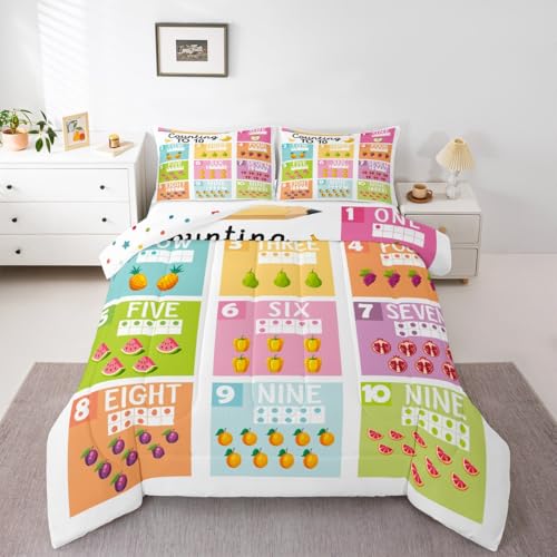 Image of Feelyou Kids Numbers Duvet Insert Full Size, Educational Comforter Set Boys Girls for Fruits Bedding Set Learning Teens Bedroom Decor with 2 Pillow Case
