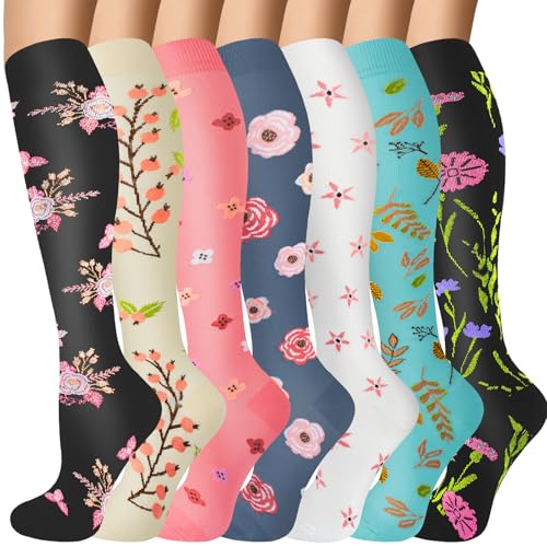 FOFLORA Compression Socks for Women & Men 7 Pairs Knee High Compression Socks 20-30 mmhg Best for Running,Nurse,Travel