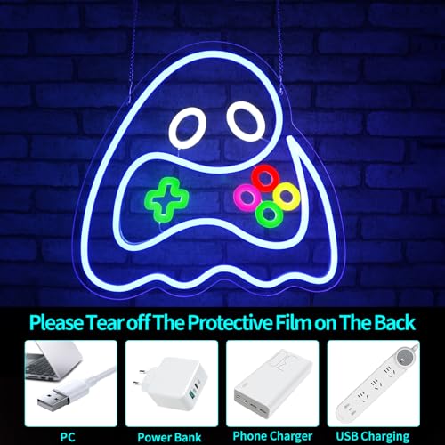 Image of Ghost Neon Sign, JGHTURIE Gamer Neon Signs for Wall Decor Gaming Light Up Blue Led Sign USB Powered Game Room, Man Cave Decor