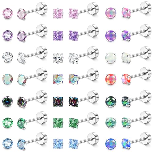 21Pairs Hypoallergenic Surgical Steel Earrings - Flat Back Stud Earrings for Women Men - 20G Small Flatback Stud Earrings - Screw Back Cartilage Earring Sets for Multiple Piercing