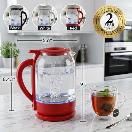 Image of OVENTE 1.5L Glass Electric Kettle Water Boiler, Red KG516R | 1500W Fast Boiling, Easy Fill Lid, Stainless Steel Filter, LED Indicator, Auto Shut-Off, Boil-Dry Protection, 360 Base