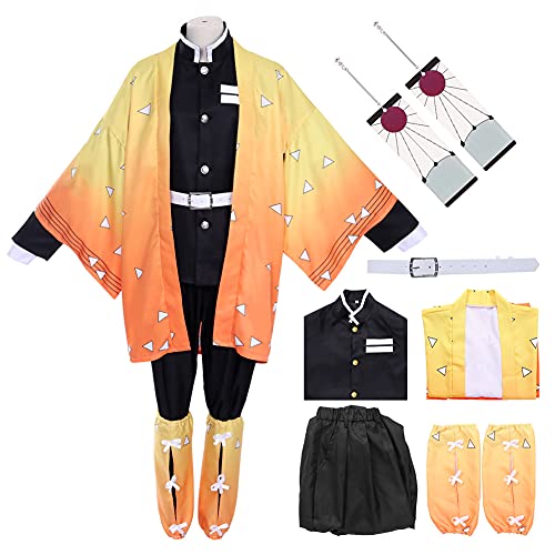 Formemory Zenitsu Cosplay Kostüm Set Anzug Herren Zenitsu Cosplay Kimono Outfit No Yaiba Anime Costume Damen Herren Mädchen Und Mantel (Small, Zenitsu)