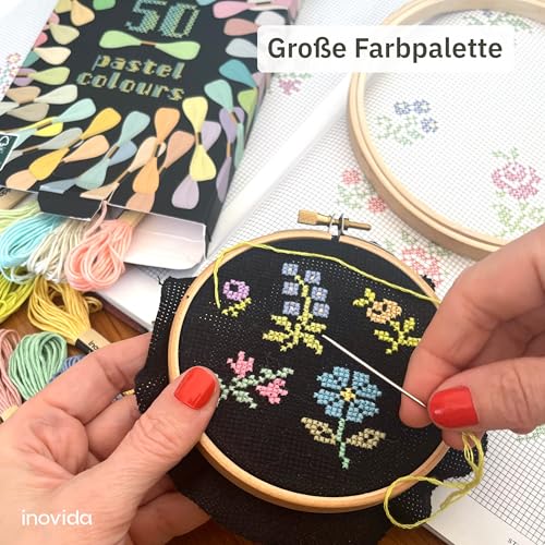 Inovida Stickgarn Set 50 Farben je 5 Meter in Pastell: Pastellfarben Nähgarn Set – Freundschaftsarmbänder selber machen – Sticken, Armband knüpfen, Flechten – Kreuzstich Garn – Embroidery Thread