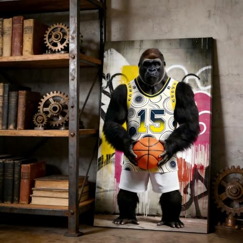 Toile art mural gorille basketball de 65x125cm avec cadre interne portrait graffiti