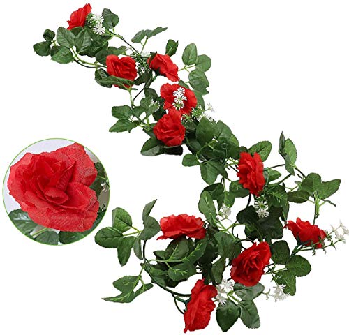 2 Piezas de Rosas Artificiales, Rosas Artificiales con 10 Cabezas, Hojas Verdes de imitación, Rosas Rojas de Seda, Guirnalda de Rosas Falsas románticas para Colgar en casa, jardín, Boda, Fiesta Cover