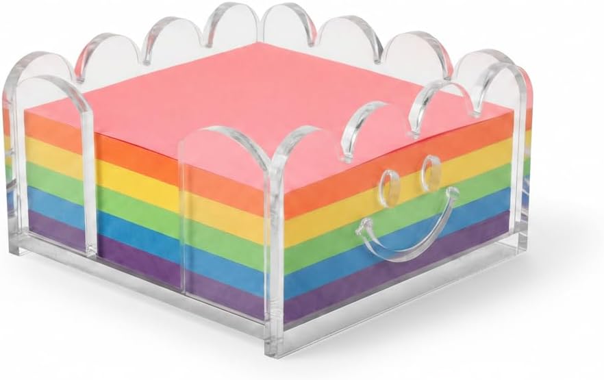 Scalloped Acrylic Sticky Note Holder with Heart-Shaped Cutout, 3x3 Inch Clear Cute Post It Holder, Sticky Note Dispenser with Wave Design, Thick Acrylic Desk Organizer for Office, Home