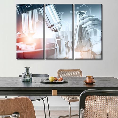 Image of 3 Panels Research and Development Concept Wall Art Medical Laboratory Instruments Microscopes Wall Pictures Giclee Wooden Framed Gallery-Wrapped Ready to Hang (60 inch Wx40 H)