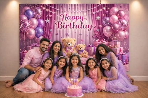 Image of Pink Birthday Backdrop Cloth 5x3 ft - Teddy Bear Theme Fabric Banner with Balloons & Gifts, Reusable Decoration Background for Kids Party & Photoshoot