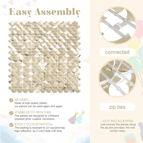 Image of Light Gold Shimmer Wall Backdrop - 24 Panels Sequin Disco Backdrop for Birthday, Wedding, Engagement & Mermaid Wall Decoration