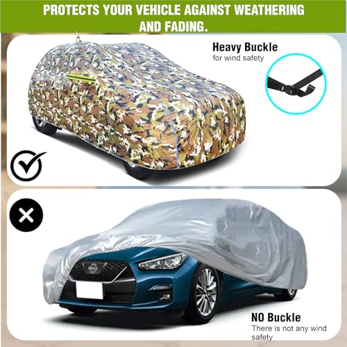 Image of Car Body Cover for Mahindra XUV 3XO, 100% Waterproof, Heat-Resistant with Mirror & Antenna Pockets, Soft Cotton Lining, Triple Stitched, Green Reflector (Jungle Print)