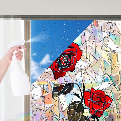 Image of Nuxovilar Gothic Halloween Dark Red Rose Window Film 17.5x39.3 PVC | Dark Rose, Gothic Cling red rose flower sticker, privacy glass wrap for bedroom bathroom party room (Dark Rose)