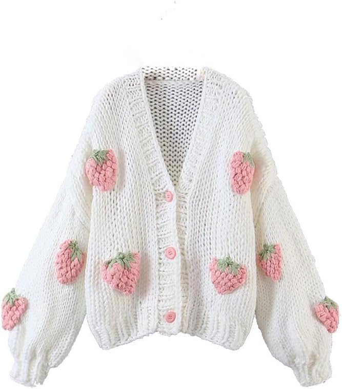 Strawberry Pattern Knit Sweater with Ribbed Details - Pink