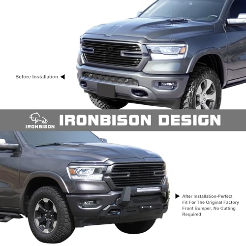 Image of IRONBISON Front Bumper Compatible with 2019-2024 RAM 1500 (Exclude 2019-2024 Ram 1500 Classic /Rebel /Diesel / 21-24 TRX Model) Can Add LED Light Bar Fine Texture Black Truck Bumper Guard Bull Bar