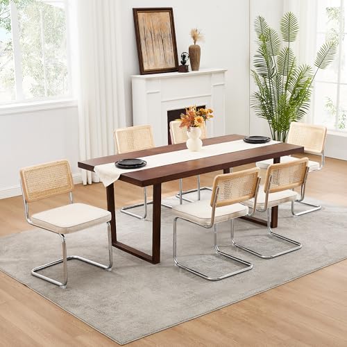Image of Zesthouse Natural Rattan Dining Chairs Set of 4, Mid Century Modern Dining Chairs with Solid Wood Back & Chrome Base, for Kitchen Living Room, Breuer Design Inspired, Upholstered Linen Fabric, Beige