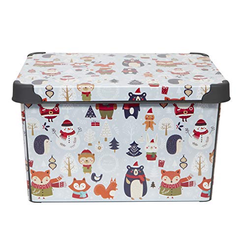 Simplify Woodland and Winter Design Storage Bin | Christmas Tote | Holiday Décor Decorations Organizer | Lidded | Stackable | Blue