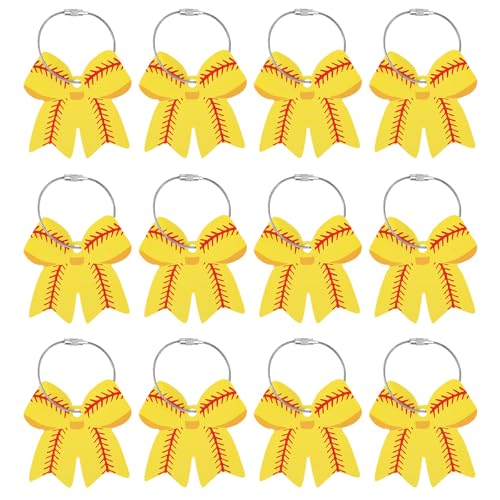 BOXOB 12 Pcs Softball Bow Luggage Tags, 2.75in Suitcase Labels with Metal Ring PVC Keychain DIY Name ID Card 3D Baseball Baggage Identifier Accessories Gifts for Men Women Girls Travel Suitcase Bag
