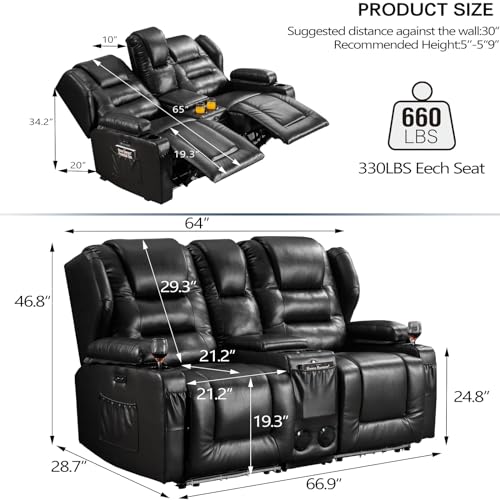 SAMERY Power Loveseat Recliner, 67" Electric Home Theater Seating RV Reclining Loveseat with Console, RV Reclining 2-Seater Sofa Couch with USB/LED Strip for Living Room…