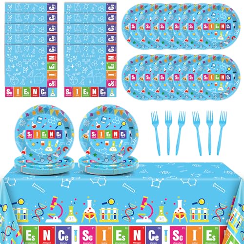 chiazllta Science Party Supplies Tableware Set for 20 Guests Little Scientist Party Birthday Plates Laboratory Decorations Includes 7inch Plates, Napkins, Tablecloth Favor