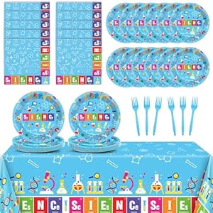 chiazllta Science Party Supplies Tableware Set for 20 Guests Little Scientist Party Birthday Plates Laboratory Decorations Includes 7inch Plates, Napkins, Tablecloth Favor