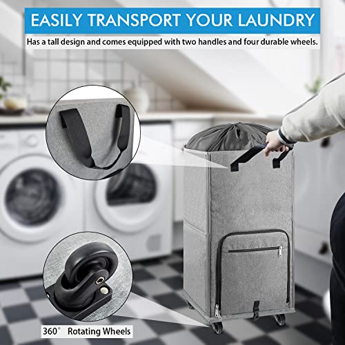Laundry Hamper With Wheels, Bukere Large Rolling Laundry Basket With 4 Casters And 2 Handles, Collapsible Freestanding Wheeled Laundry Bag For Clothes, Laundry Room, Bathroom #TOP1