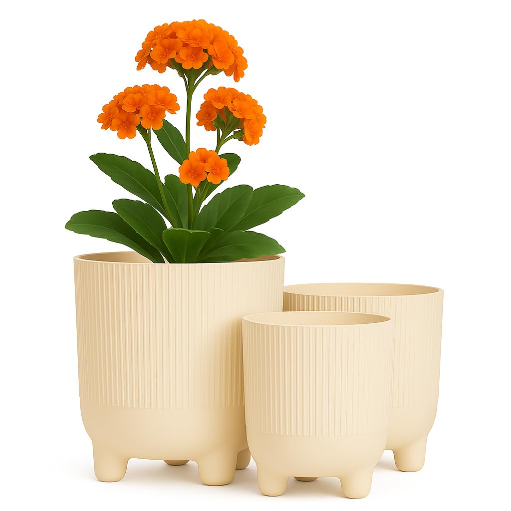 Home Garden Ornaments Cream Trio Plant Pots Indoor – Set Of 3 (14Cm, 16Cm, 18Cm) Decorative Indoor Plant Pot On Stands, Flower Pots On Legs (Colour: )