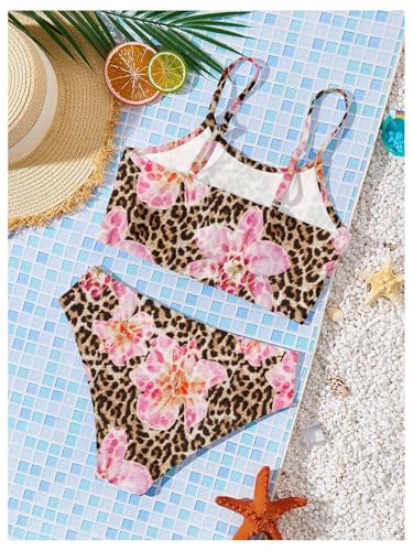 Girl's 2 Piece Floral Leopard Swimsuit Wireless Spaghetti Strap Cute Bikini Bathing Suit Beachwear2