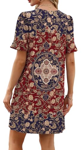 Image of OFEEFAN Summer Dresses for Women Ruffle Short Sleeve V Neck Casual Shift Dress with Pockets