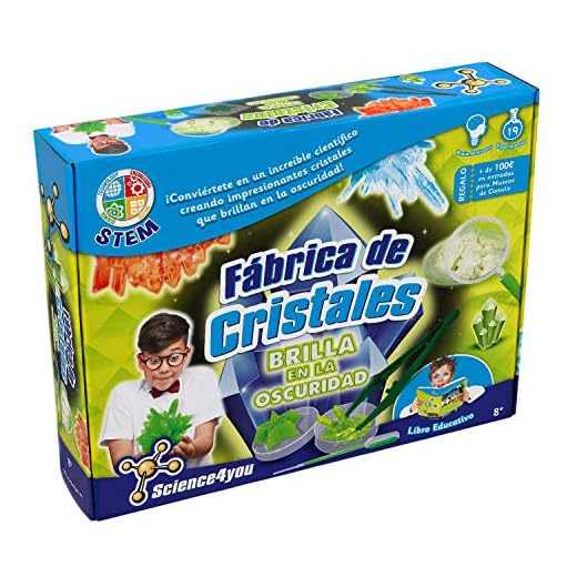 Science4you - Fábrica de Cristales, Brilla en la Oscuridad - Laboratorio Cientifico con 19 Experimentos: Haz Cristales, Aprende la Quimica, Juegos Educativos y Manualidades para Niños 6 7 8 9 10 Años