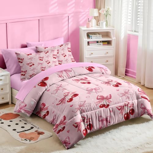 Image of Nesker 7 Pcs Comforter Set Full Size, Cherry Bow Bedding for Kids Teen with Fitted Sheet 2 Pillowcases & 2 Shams for Bedroom Bed Decor