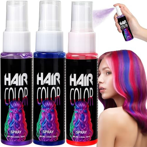 3 Colors Temporary Hair Dye - Coloured Hair Wash Out Kids for Cosplay, Prom, Party, Halloween - Blue, Red, Purple, Temporary Tresses Colour (Washable)