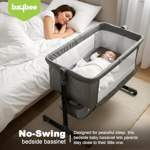 Image of BAYBEE Bedside Crib Cradle for Baby | Bassinet for New Born with 2 Height Adjustable Modes & 360 Wheels | Babies Cot with Mosquito Net & Storage Box | Baby Cribs & Cots for 0 to 2 Years (Grey)