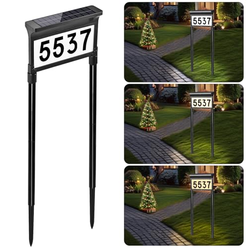 Lacasa Solar Address Signs for Yard, Dual-Sided Illumination Solar House Numbers for Outside, Waterproof Outdoor Solar Mailbox Number Plaque, 3-Color Modes, 1 Pack