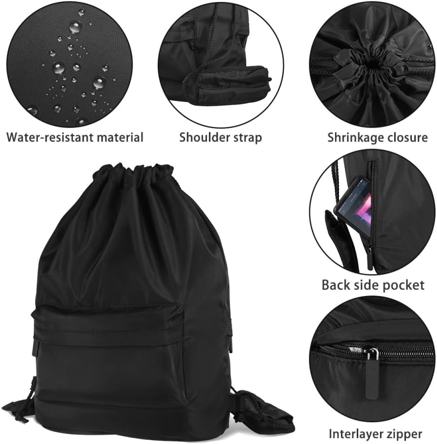 Miniatura 8 de Mochila deportiva ligera con cordón, mochila multiusos para viajes, para mujeres, hombres, gimnasio, deportes, yoga, Negro -, Mochilas Daypack