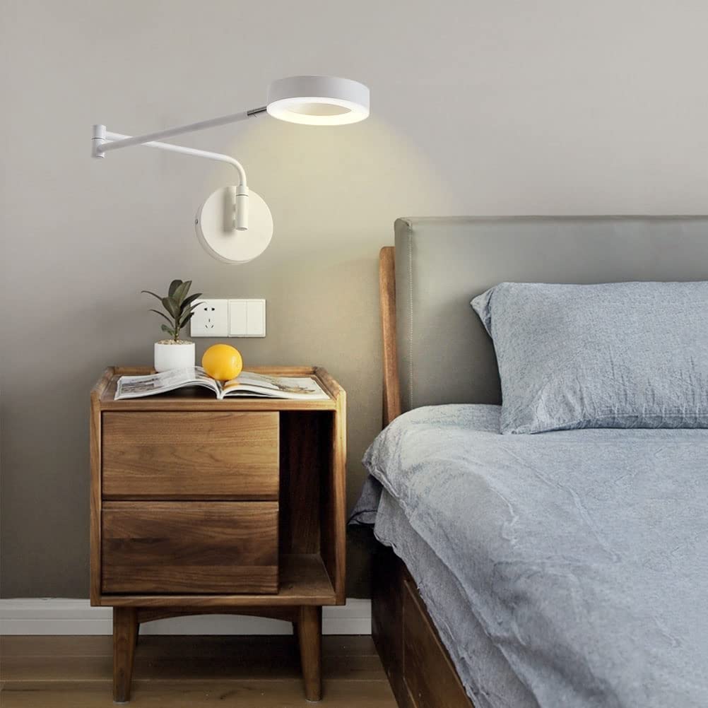 8W LED Wandlampe mit Schalter, Wandleuchte mit Stecker und Kabel Wand-Leselampe mit Verstellbarer arm 3000K-6000K Weiß Ring Acrylschirm Innen Schwenkbar Nachttischlampe LED Wandbeleuchtung Modern