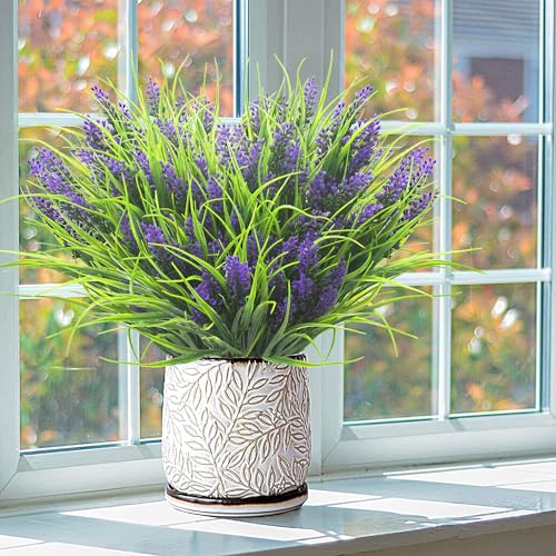 Image of Grunyia 20 Bundles Artificial Plants Outdoor Fake Monkey Grass with Flowers (Purple)