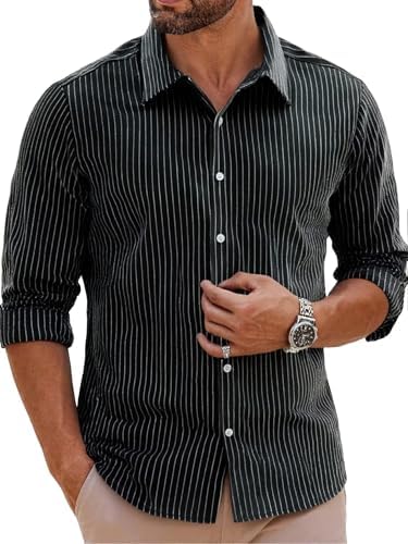 BAYAMO Men's Button-Down Striped Shirts Casual Long Sleeve Cotton Linen Collared Shirts Fashion Business Dress Shirt