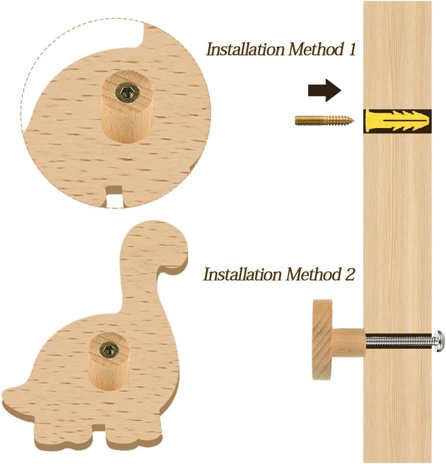 6Pcs Wooden Animal Drawer Knobs 2.36 x 1.97 Inch, Dinosaur Cabinet Knobs Small Decorative Dresser Door Handles with Screws for Kitchen Cabinet Furniture Closet Hardware Wall Hanging Decor image 5