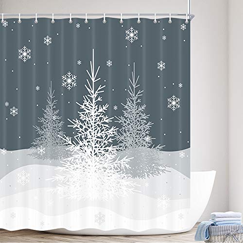 Winter Fabric Shower Curtain, Christmas Trees Shower Curtains White Snowy Snowflake Gray Simple Grey Xmas Polyester Fabric Waterproof Bath Curtain, Bathroom Shower Curtains with Hooks, 69X70in