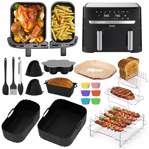 19 Stück Heißluftfritteuse Zubehör für Tefal EY9018 Dual Easy Fry 5 2/3 1 L Airfryer Zubehör für Tefal - Airfryer Silikonform Brotbackform Grillrost Muffinform Silikon Küchenzange Backpapier