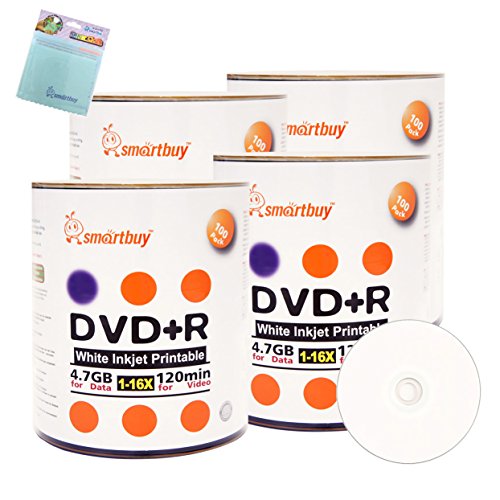 Smartbuy 400-disc 4.7GB/120min 16x DVD+R White Inkjet Hub Printable Blank Media Disc + Free Micro Fiber Cloth