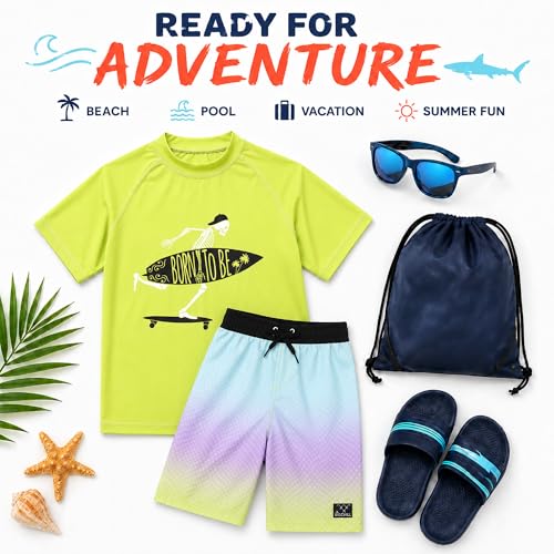 Image of Big Chill Boys Swim Set - 2 Piece Quick Dry UPF 50 Short Sleeve Rash Guard for Boys and Swim Trunks - Swimwear Set for Kids