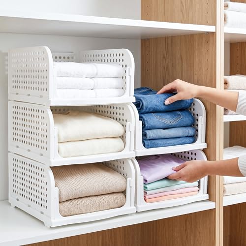 Image of VERAT 5 Pieces Storage and Organisers /Wardrobe Organizer Storage /Plastic Wardrobe /Cloth Adjustable for Foldable /Clothes Organizer Foldable Shirt /Almirah /Cupboard /Cupboard Stackbale Clothes(White)
