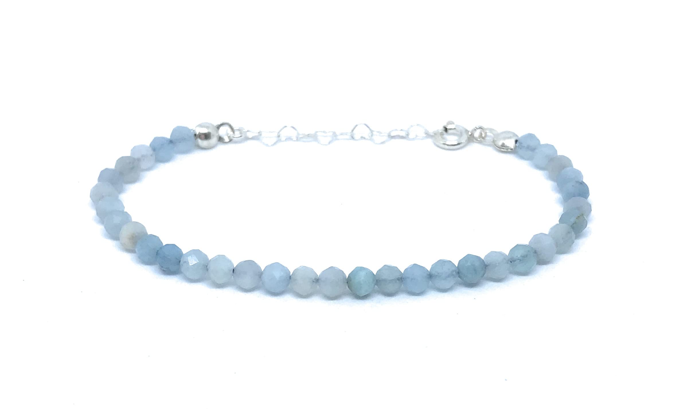Bracciale da donna in pietra naturale semipreziosa acquamarina in argento sterling di 4 mm di spessore regolabile da 16cm a 19cm.